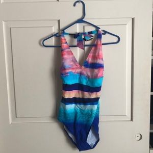 Second skin multi colored one piece swim suit